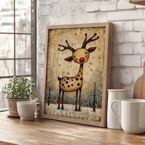 Whimsical Red Nose Reindeer Folk Art Style Print, Rustic Primitive Christmas Wall Art, Winter Farmhouse Mantle or Porch Sign, Holiday Decor