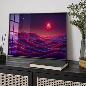 Purple Hills Sunset Abstract Landscape Starry Night Sky Wall Art Poster or Canvas Print, Magical Nature Celestial Art Orb Over The Hills