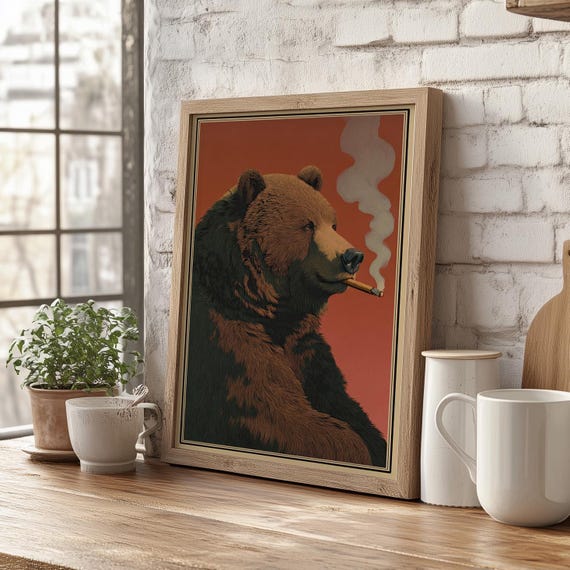 Brown Bear Smoking Cigarette Vintage Poster Print or Canvas, Funny Retro  Hunting Art, Cabin Wall Decor, Hunter Outdoors Print, Gift for Dad