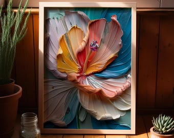 Colorful Hibiscus 3D Painting Poster or Canvas Print, Abstract Floral Art Print Realistic Flower Home Decor Botanical Art Nature Wall Decor