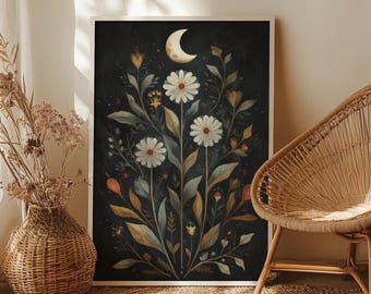 Crescent Moon Botanical Wall Art Poster or Canvas Print, Dark Floral Folk Painting, Lunar Nature Art, Witchy Cottagecore Whimsigoth Home Art