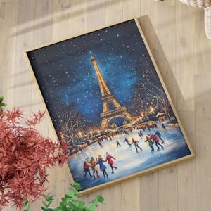 Eiffel Tower at Night with Skaters Whimsical Christmas Scene Painting Poster or Canvas, Festive Paris Winter Scene, Christmas Holiday Decor