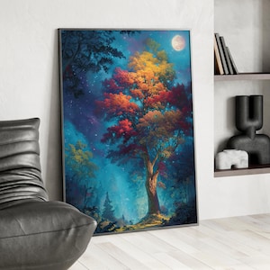 Enchanted Forest Tree Art Poster or Canvas Print, Dreamy Night Landscape with Vivid Leaves, Colorful Fantasy Wall Art, Magical Nature Scene