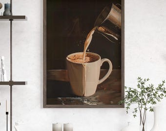 Vintage Coffee and Milk Realistic Painting Poster or Canvas Print, Coffee Cup Steam Print Coffee Lover Gift, Coffee Still Life Wall Art