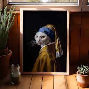 Cat Woman Vintage Art Print or Canvas, Cat Girl with Pearl Earring Cottagecore Wall Art, Cat Face Woman Dark Wall Decor, Humorous Cat Girl