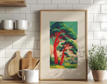 Japanese Tree Wall Art Poster or Canvas Print, Green Nature Art Print, Woodblock Style Art, Japanese Landscape Art Print, Botanical Decor