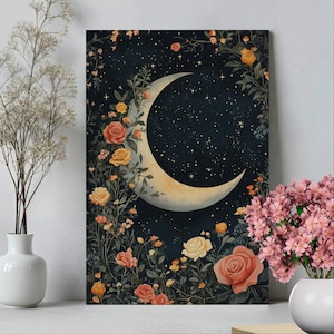 Floral Crescent Moon Wall Art Poster or Canvas Print, Romantic Dark Cottagecore Print, William Morris Inspired Art, Moon Botanical Decor