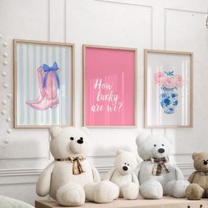 How Lucky Are We Pink Blue Bow Boots and Flowers Wall Prints Set of 3 Poster or Canvas, Love Shack Fancy Wall Prints, Coastal Cowgirl Print