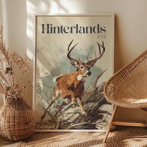 Vintage Stag Art Print Poster or Canvas Print, Retro Hunting Print, Fall Deer Gift for Dad Art Print, Rustic Outdoorsman Country Wall Art