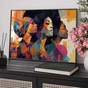 Colorful Afro Women Art Poster or Canvas Print, Geometric Abstract Faces, Diverse African American Wall Art, Bold African Women Illustration