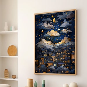 Paisagem urbana extravagante, cena noturna estrelada, decoração de parede de berçário, pôster ou impressão em tela, lua encantada da cidade de noite sonhadora e impressão artística inicial acima