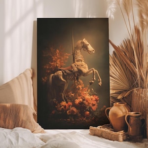 Skeleton Carousel Horse Wall Art Print Or Canvas, Gothic Autumn Floral Print With Macabre Carnival Vibes, Whimsical Halloween Decor Poster