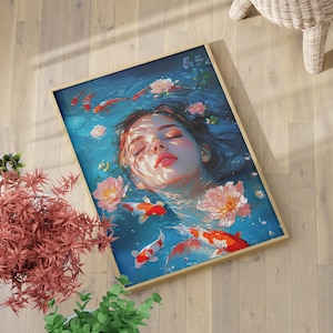 Beautiful Woman in Water with Flowers and Koi Art Poster or Canvas Print, Vibrant Aquatic Blue Wall Art Surreal Lady in Water Floral Print