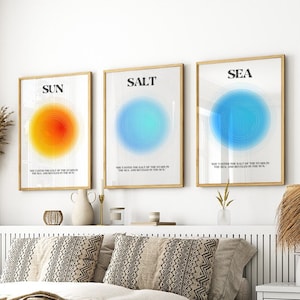 Carteles de aura positiva de sal solar y mar conjunto de 3 impresiones de arte o lienzo, arte minimalista de la pared costera de la playa, cartel del océano playero de surfistas