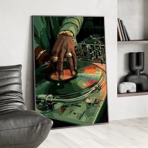 May include: A framed art print depicts a DJ's hand with gold jewelry on a turntable. The artwork features a green and orange color scheme, with the DJ's hand positioned over a vinyl record. The background includes a mixing console.