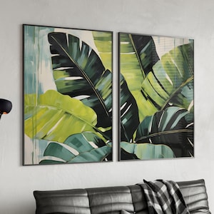 Minimalist Green Tropical Leaves 2 Piece Wall Art Print or Canvas, Green Botanical Rainforest Setting Poster, Viridian Green Palm Leaves