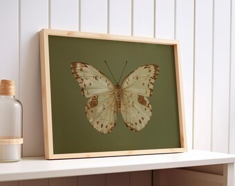 White Butterfly With Brown Spots Realistic Painting Vintage Art Poster or Canvas Print, Antique Farmhouse Butterfly, Butterfly Wings Print