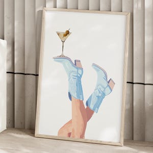 Light Blue Cowgirl Boots and Martini Art Print Poster or Canvas, Minimalist Western Print, Preppy Cowgirl Coquette Poster, Retro Boots Print