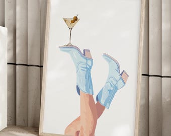 Light Blue Cowgirl Boots and Martini Art Print Poster or Canvas, Minimalist Western Print, Preppy Cowgirl Coquette Poster, Retro Boots Print