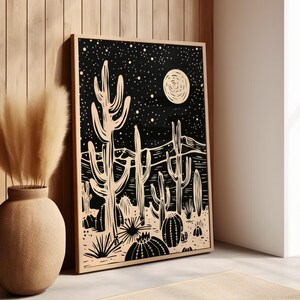 Desierto de campo de cactus crema negro bajo la luna noche estrellada cartel de arte de pared oscura o impresión de lienzo, decoración de arte de línea de cielo nocturno de desierto abstracto