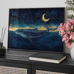 Humpback Whale Under The Moon and Starry Night Sky Watercolor Painting Poster or Canvas Print, Dreamy Blue Ocean Art Print, Kids Room Decor