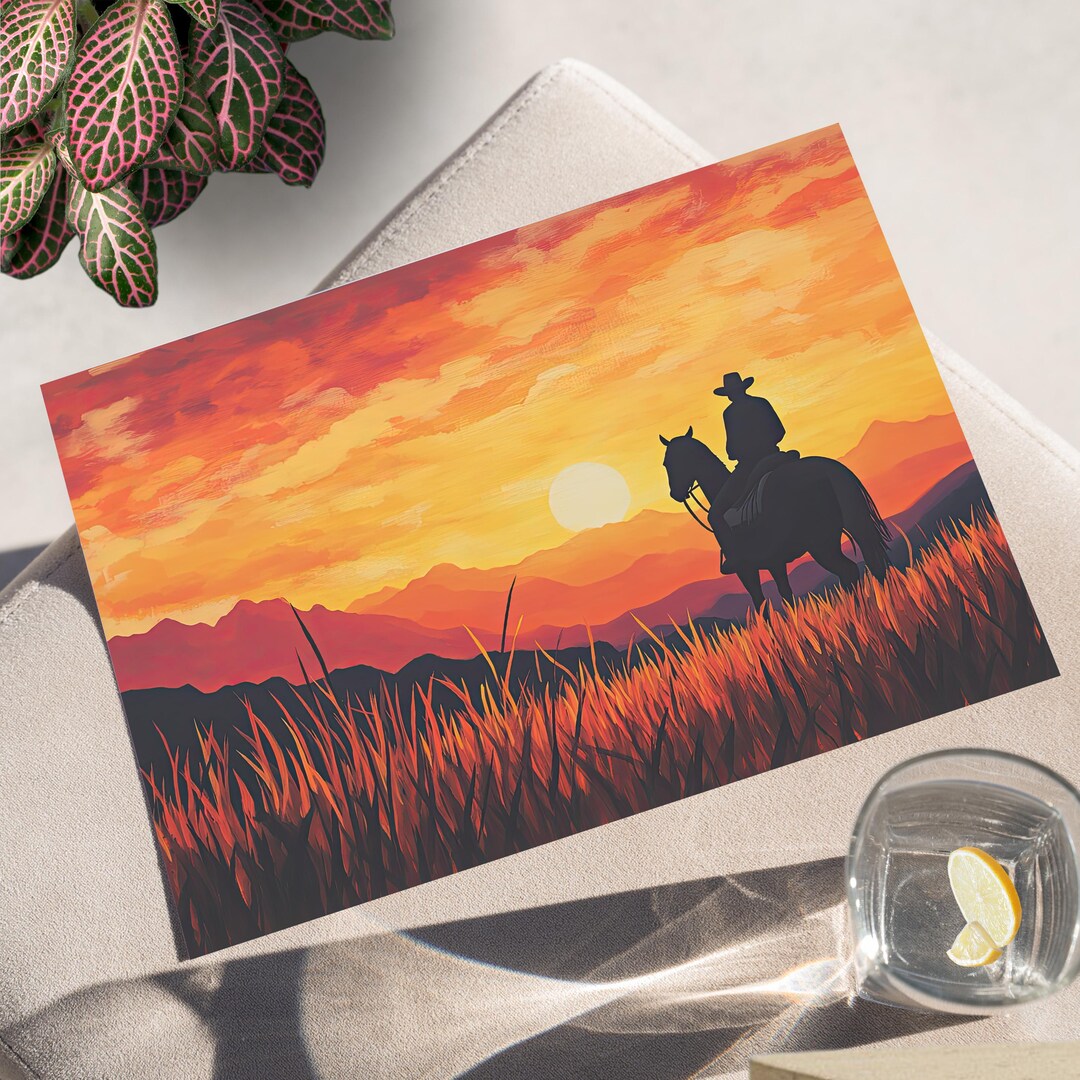 Western Cowboy Sunset Wall Art or Canvas Print, Wild West Horseback ...