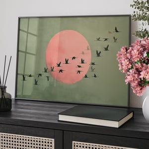 Pink Moon Japandi Wall Art Poster or Canvas Print, Minimalist Birds Landscape, Sage Green Vintage Decor, Japanese Wall Art for Living Room