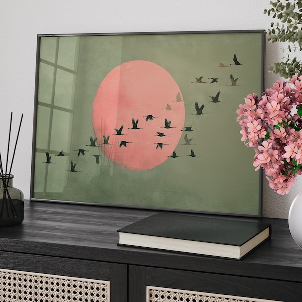 Pink Moon Japandi Wall Art Poster or Canvas Print, Minimalist Birds Landscape, Sage Green Vintage Decor, Japanese Wall Art for Living Room
