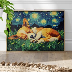 Sleeping Chihuahua Dog Van Gogh Inspired Painting Poster or Canvas Print, Chihuahua Portrait Abstract Starry Night Sky Art, Kids Room Decor