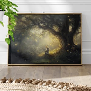 Enchanted Oak Tree Rabbit Oil Painting Poster or Canvas Print, Whimsical Bunny Print, Magical Forest Cottagecore Decor, Fairycore Wall Art