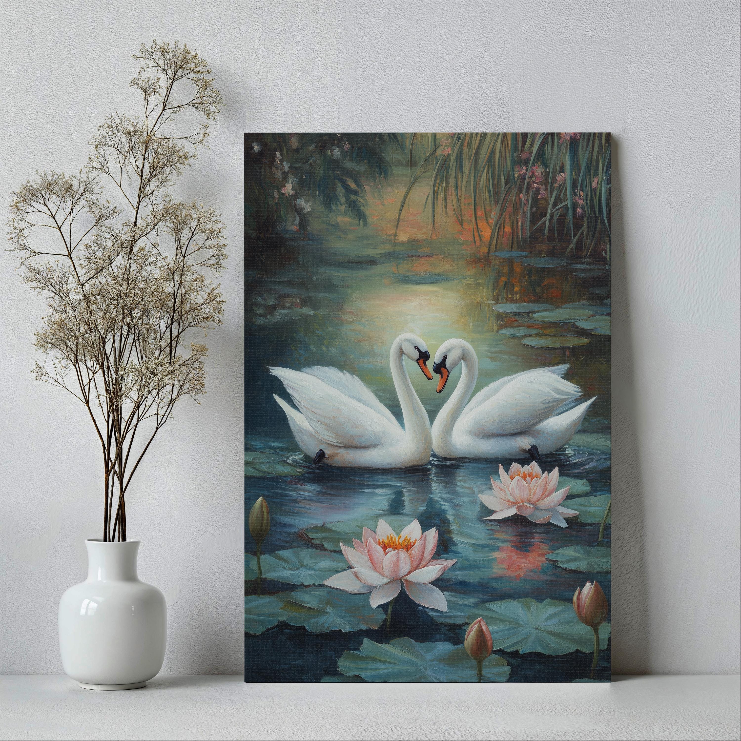 Romantic White Swans on a Lily Pond William Morris Inspires Oil