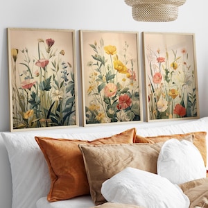 Pastel Flowers Soft Boho Wall Art Set of 3 Poster or Canvas Print, Vintage Wildflower Botanical Art, Nature Inspired Classic Floral Decor