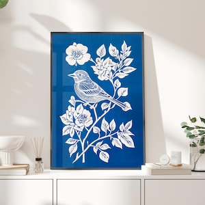 Bird and Flowers Linocut Print Style Blue White Nature Art Poster or Canvas Print, Minimalist Wall Decor, Botanical Block Print Home Decor