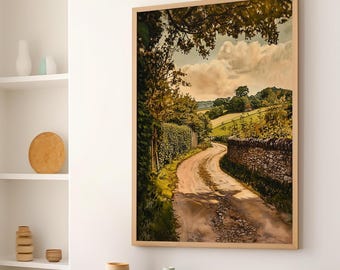 Winding Country Lane with Hedgerows Classic Vintage Oil Painting Poster or Canvas Print, Cottagecore Decor, Country Road Nature Wall Decor
