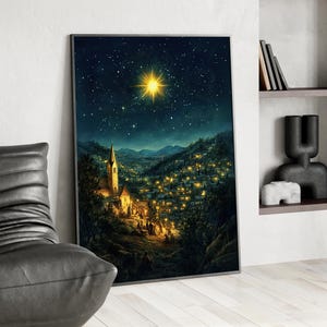 Christmas Star Nativity Scene Art Poster or Canvas Print, Holy Night Christian Art, Gold Green Sky Village Scenic, Jesus Birth Celebration