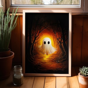 Cute Ghost Floating in the Forest Spooky Art Print Poster or Canvas, Cute Halloween Decor, Ghost Art Print, Dark Academia Halloween Decor