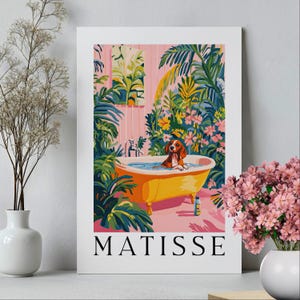 Dachshund in Bathtub Wall Art Poster or Canvas Print, Funny Bathroom Print, Henri Matisse Artwork, Maximalist Animal Decor, Whimsy Dog Print