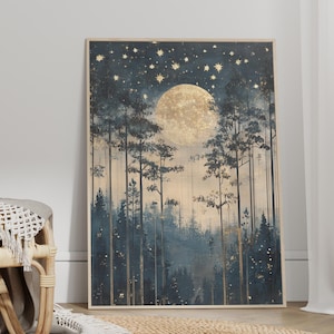 Magical Forest Under Golden Moon Poster or Canvas Print, Starry Night Sky Cottagecore Decor, Whimsical Night Moonlit Forest Art Home Decor