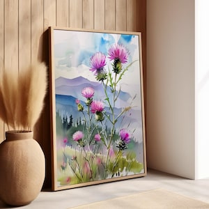Scottish Thistle Watercolor Wildflower Painting Poster or Canvas, Thristle Flower Art Print, Scottish Nature Wall Art, Purple Wildflower Art