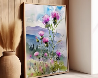 May include: Watercolor painting of pink thistle flowers in a field with a mountain range in the background.