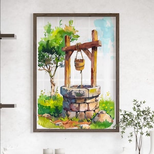Vintage Stone Well Illustration Poster or Canvas Print, Vintage Wishing Well Art Print, Old Water Well Art Wedding Gift Farmhouse Wall Decor