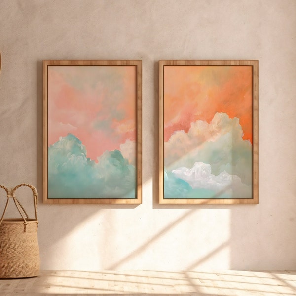 impression d'art mural paysage vintage nuages de mauvaise humeur, art de la galerie de peinture ciel nuageux, décoration d'intérieur art minimaliste, art mural pastel doux pour chambre de bébé