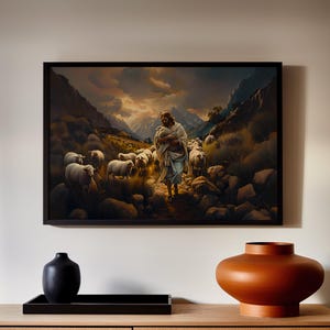 Jesus and The Lost Sheep Oil Painting Poster or Canvas Print, Christian Art Print, Jesus and The Lamb Art Good Shepherd Christian Wall Decor