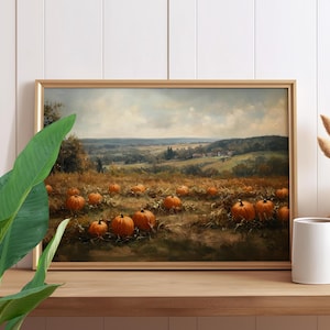 Vintage Pumpkin Patch Autumn Field Oil Painting Poster or Canvas Print, Landscape Country Wall Decor, Rustic Nature Art Cottagecore Decor