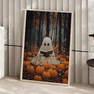 Cute Ghost in the Woods Reading Book with Pumpkins Halloween Poster or Canvas Print, Sheet Ghost in the Forest Autumn Pumpkin Field Wall Art