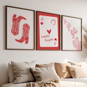 Coastal Red Cowgirl Ace of Hearts Playing Card 3 Piece Set Art Print or Canvas, Cowgirl Boots Wall Art, Long Live Coastal Cowgirl Decor