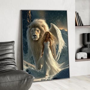 Queen and Winged Lion in Snowy Mountain Wall Art Poster or Canvas Print, Mythology Art Print, Goddess Woman and White Lion Ethereal Wall Art