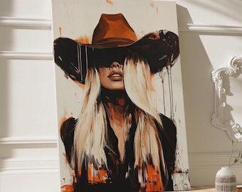 Rustic Cowgirl Woman Portrait Oil Painting Poster or Canvas Print, Western Room Decor for Women, Elegant Home Decor, Blonde Cowgirl Print