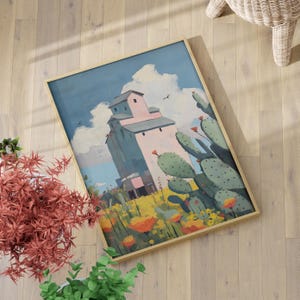 Mid-Century Desert Grain Elevator Painting Poster or Canvas Print, Cactus Wildflower Vintage Western Wall Decor, Retro Western Landscape