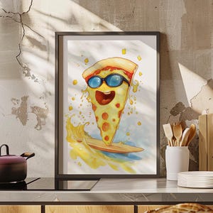 Pizza Slice Surfing on Cheese Waves Quirky Wall Art Poster or Canvas Print, Watercolor Pizza Slice Print, Funny Food Art Kitchen Wall Decor